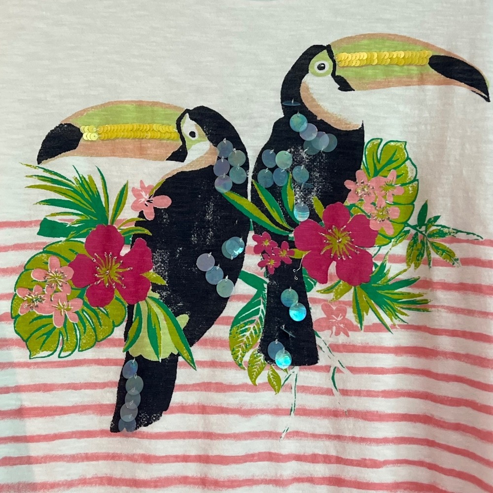 Crown & Ivy Curvy Womens 2X Toucan Tropical Sequin Striped 3/4 Sleeve Top White - Picture 3 of 7